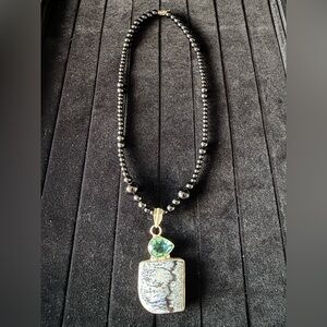 Jay King 925 Kingman collection Blue Topaz w/ black onyx necklace & silver frame
